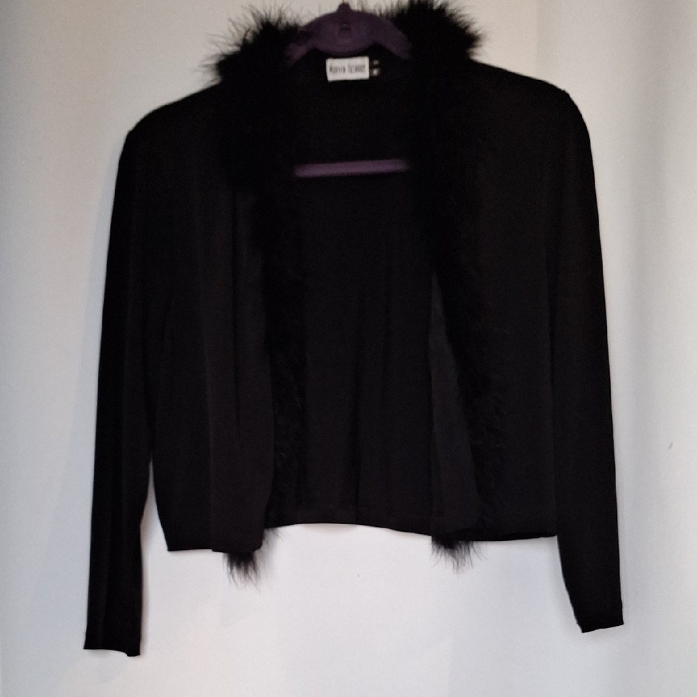 Marvin Richards Black Cardigan with Feather Collar Size M